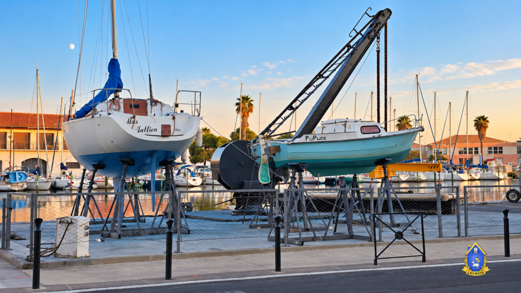 Bateaux sortis de l’eau sur l’aire de carénage du port de Mèze