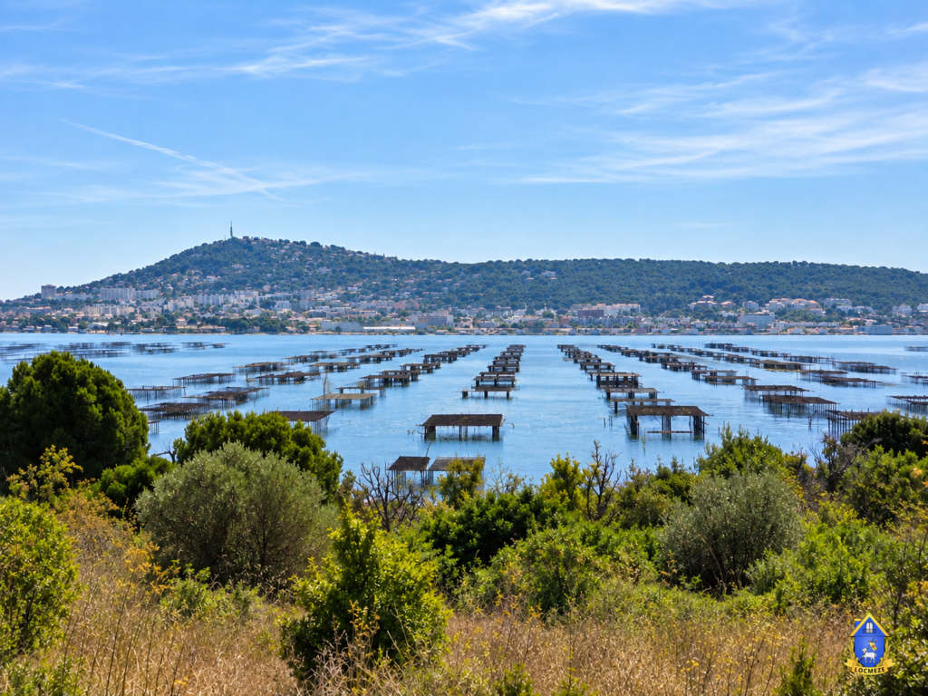 Vue sur l’étang de Thau, les parcs à huîtres et Sète depuis le secteur des promenades en bateau.