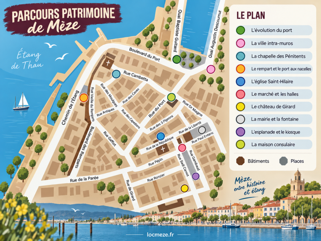 Plan du parcours patrimoine de Mèze avec les 10 étapes historiques