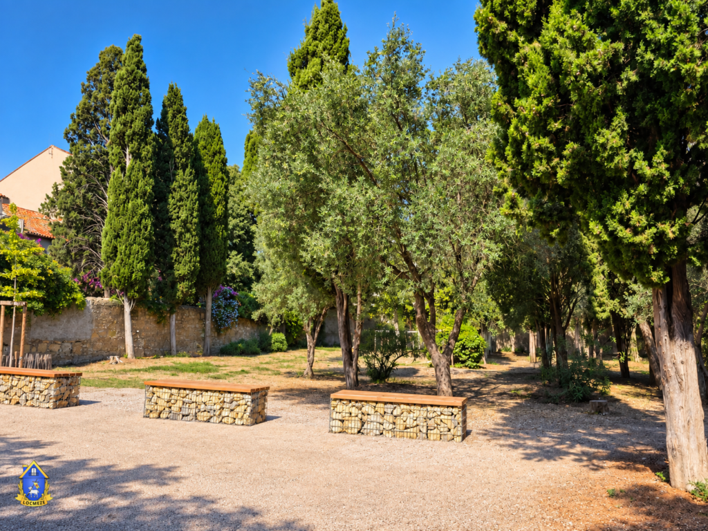 Espace arboré du parc du Château de Girard à Mèze avec oliviers et bancs