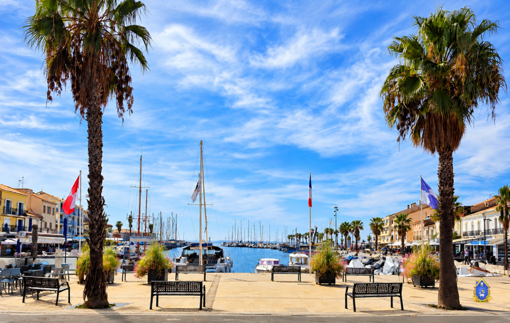 Vue sur le port de Mèze depuis la place Camille Vidal, entre deux palmiers, avec les bateaux de plaisance et les quais.