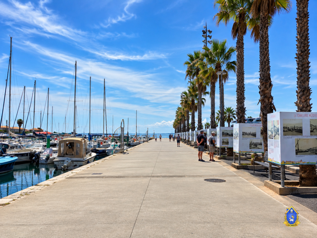 Promenade Thomas-Bessière à Mèze, avec les voiliers du port de plaisance à gauche et les panneaux historiques sous les palmiers à droite.