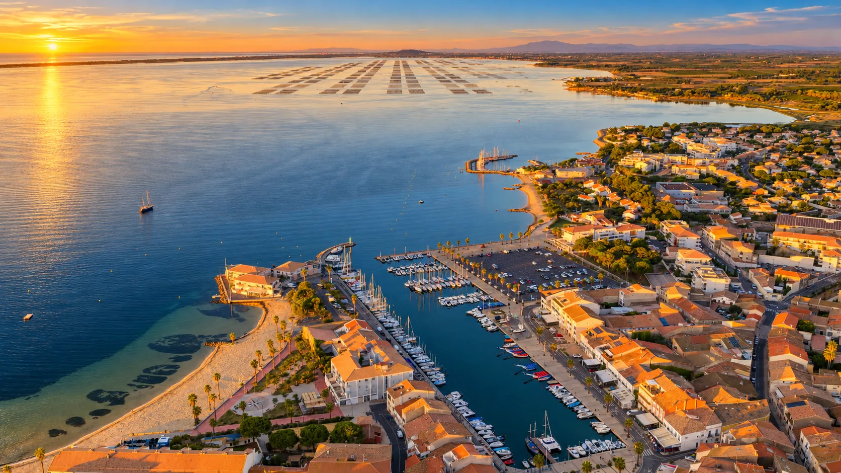 Mèze tourisme : vue aérienne de Mèze et de l’étang de Thau