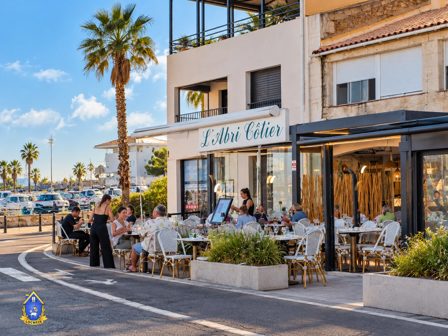 Terrace of L’Abri Côtier restaurant at Mèze harbour