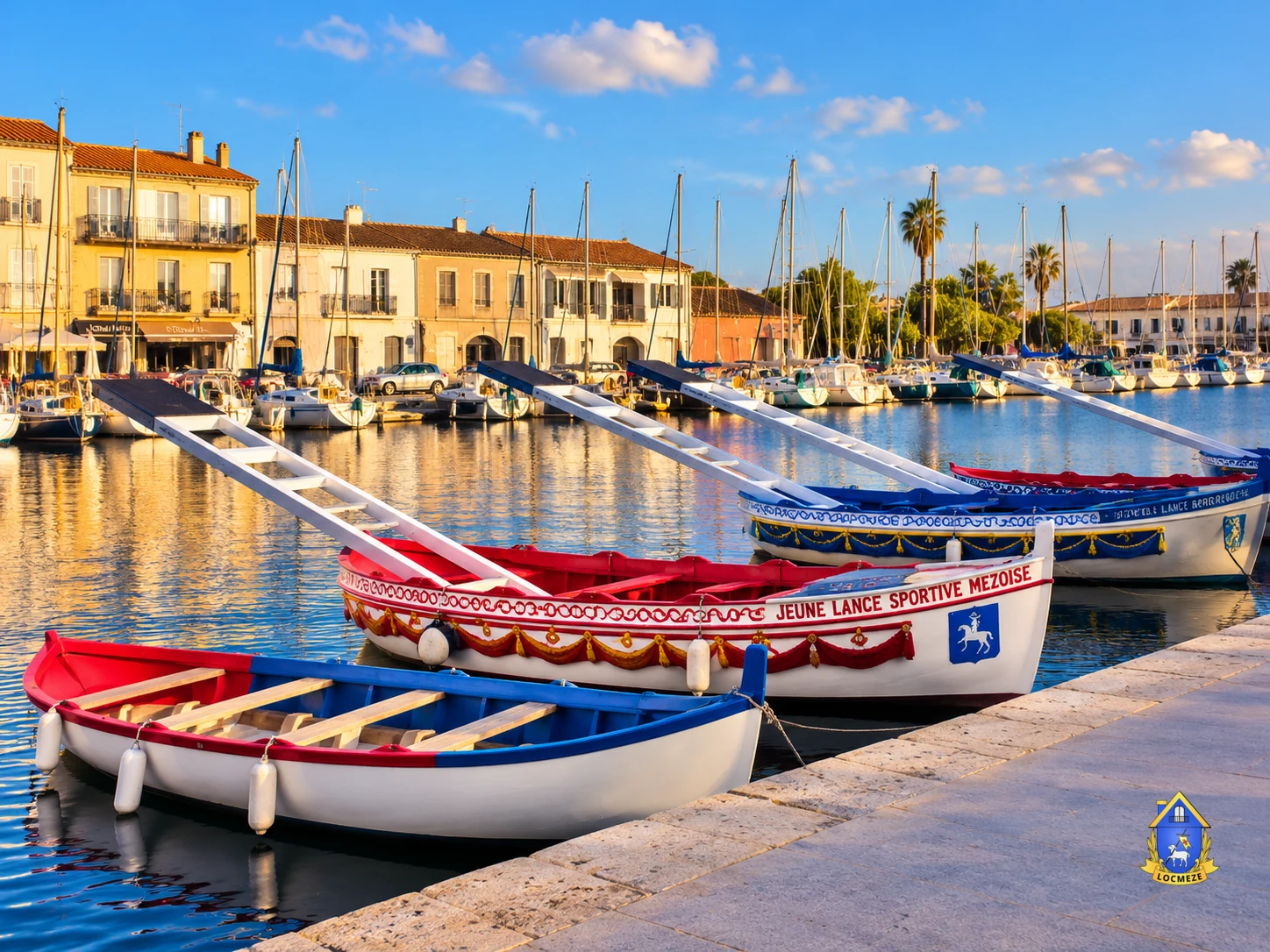 Traditional Languedoc water jousting boats in Mèze harbour
