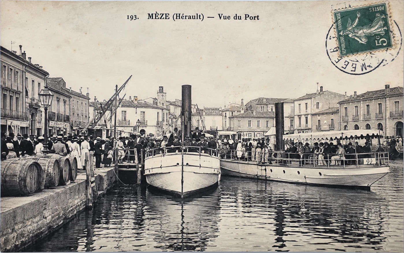 Old postcard of Mèze harbour with steamships