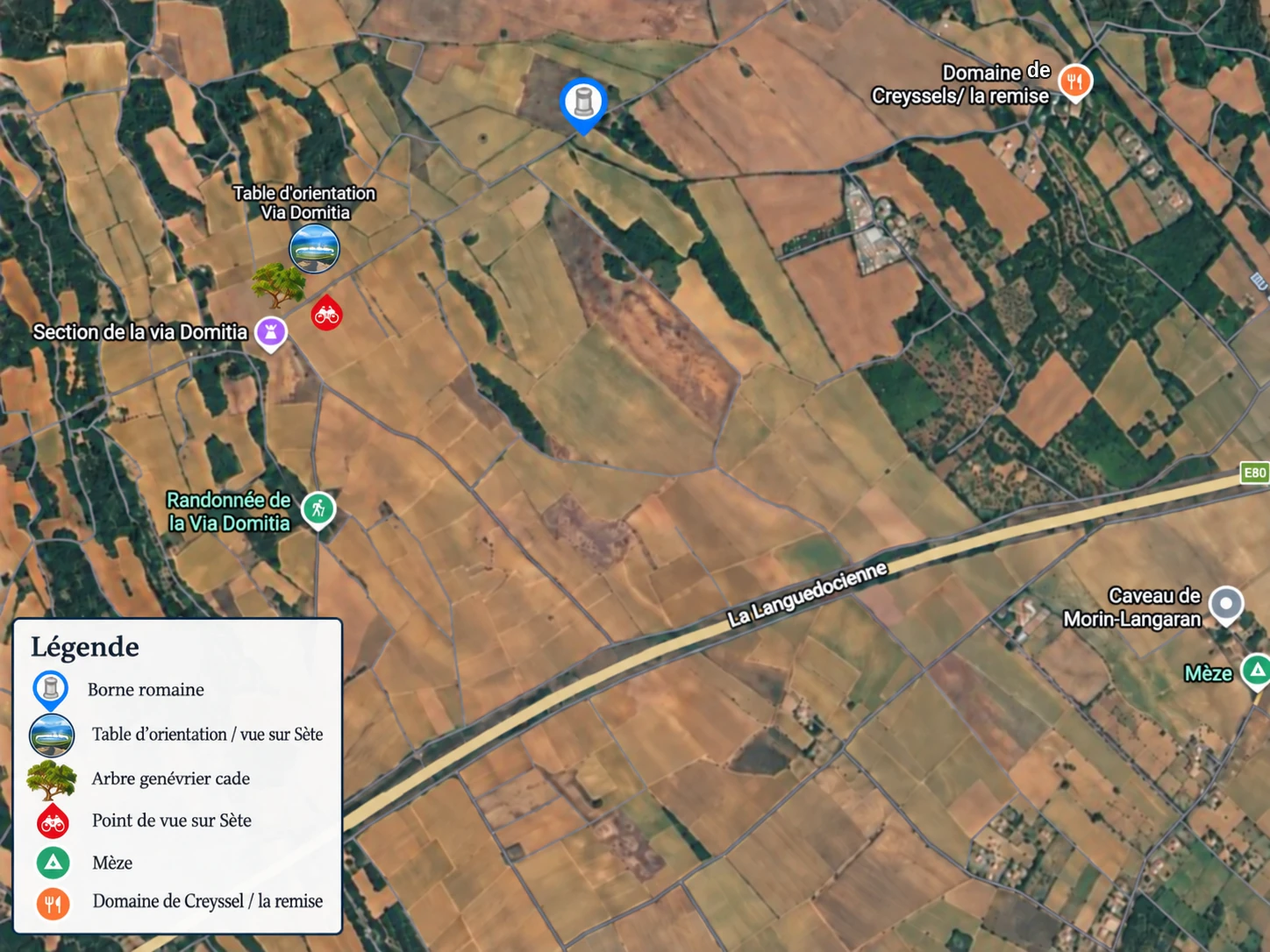 Carte de la Via Domitia près de Mèze avec les principaux points d’intérêt