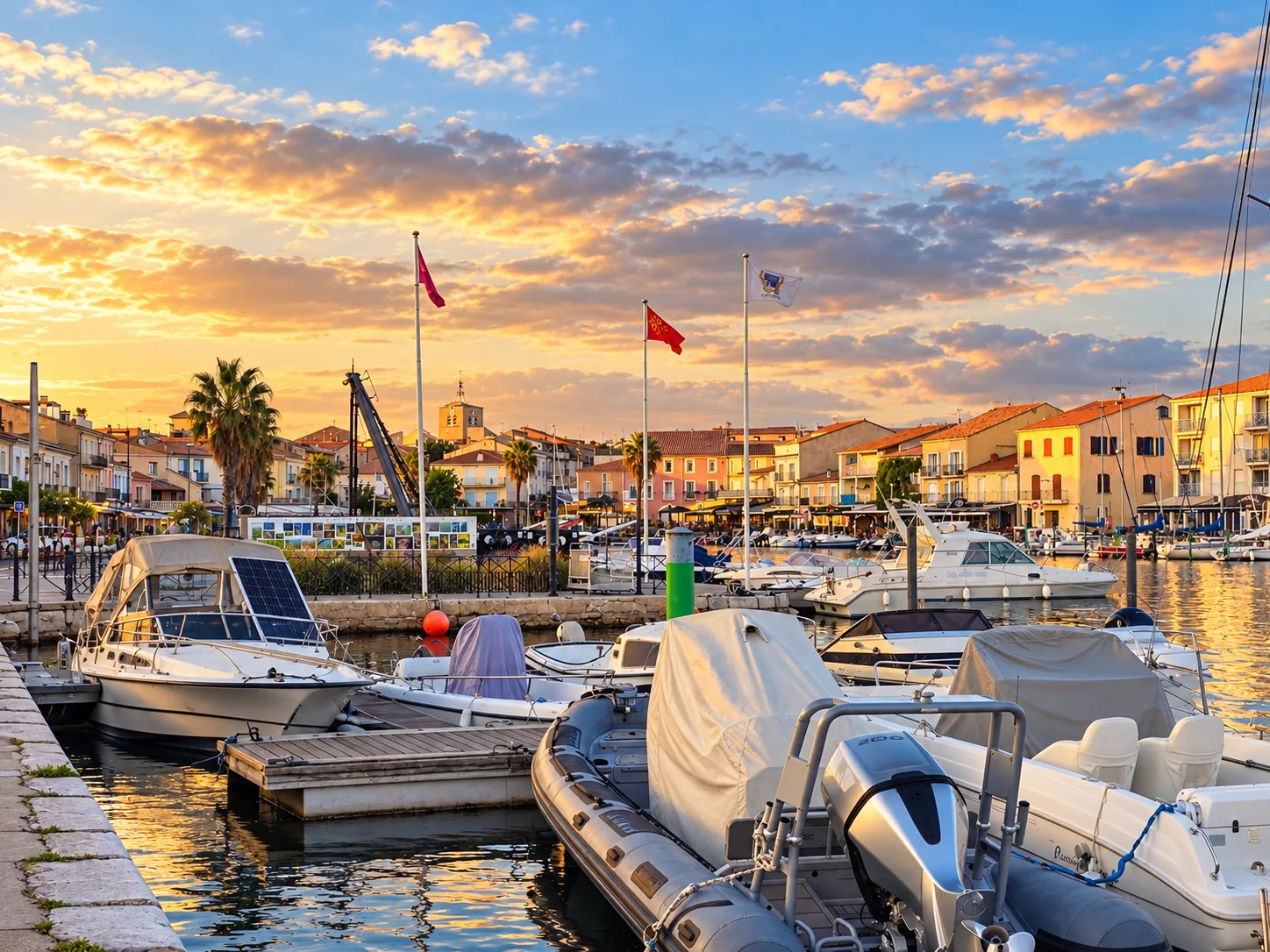 Comment venir à Mèze : vue du port avec bateaux et centre-ville