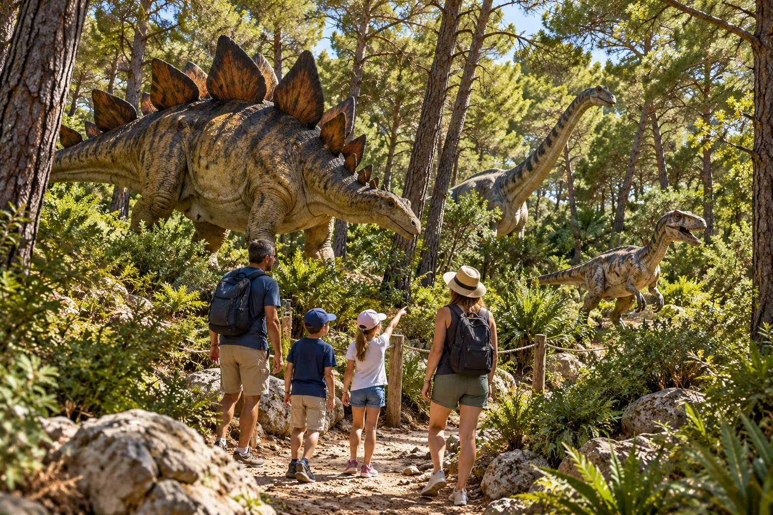 Illustration d’une famille visitant le parc des dinosaures à Mèze
