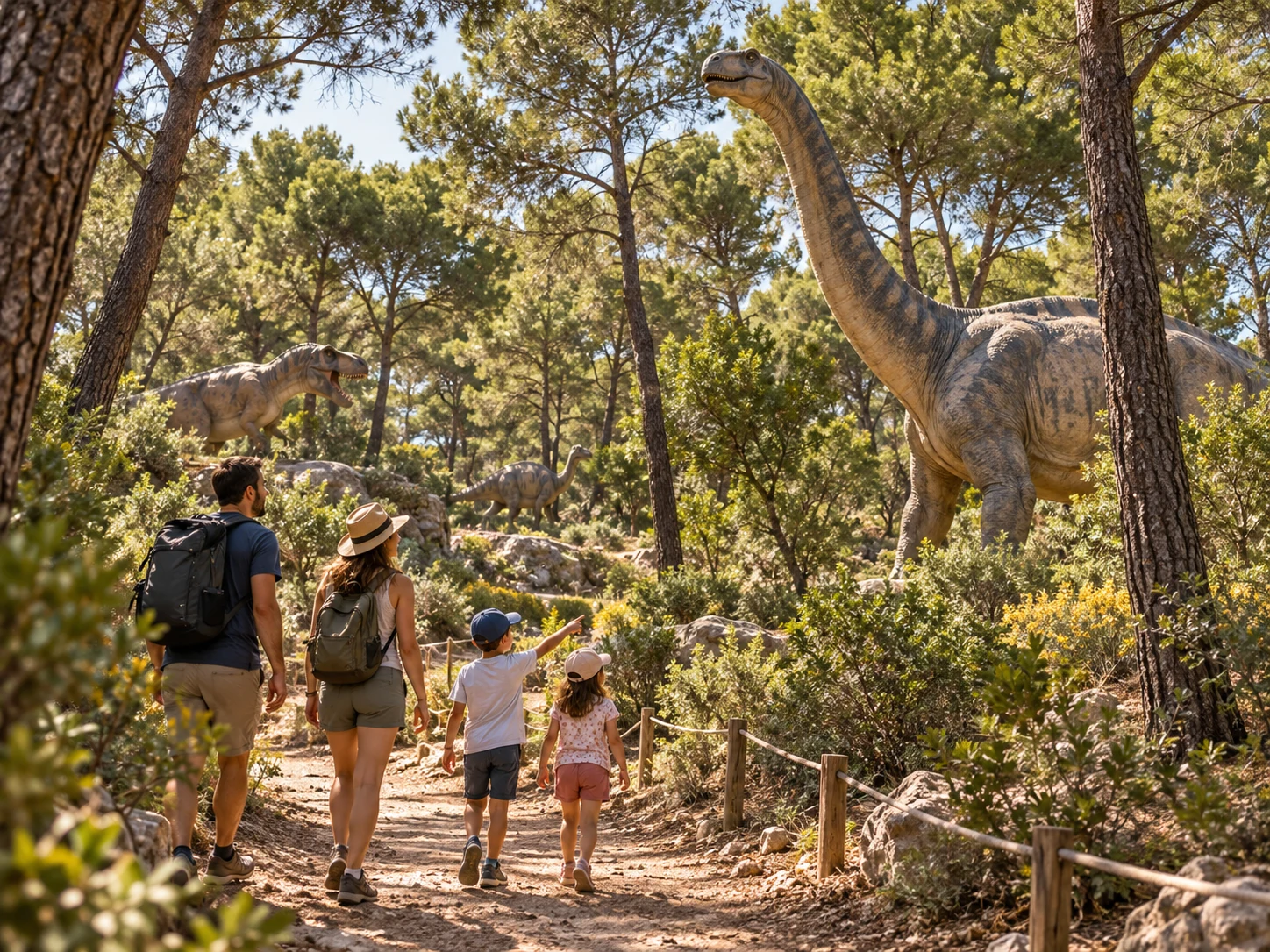 Illustration d’une famille sur un parcours de dinosaures dans une pinède
