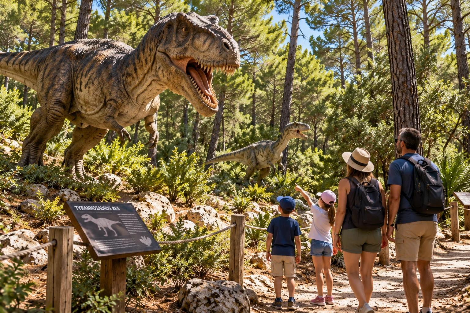 Illustration d’une famille observant un tyrannosaure dans un parcours forestier