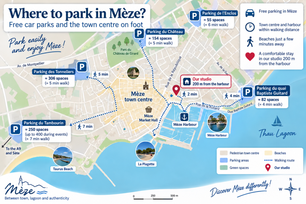 Free parking map in Mèze showing the main car parks near the town centre, harbour and studio