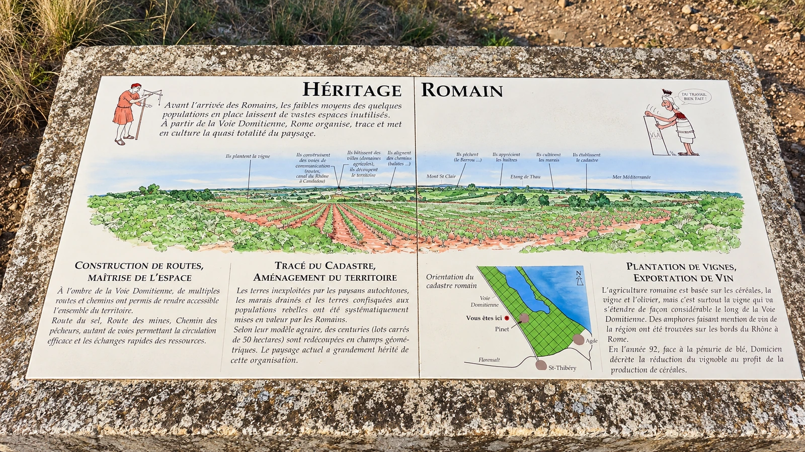 Panneau Héritage romain sur le parcours de la Via Domitia à Pinet