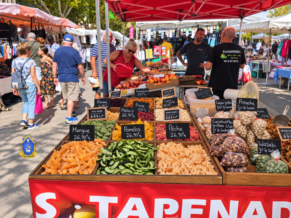 Étal de fruits secs au marché de Mèze