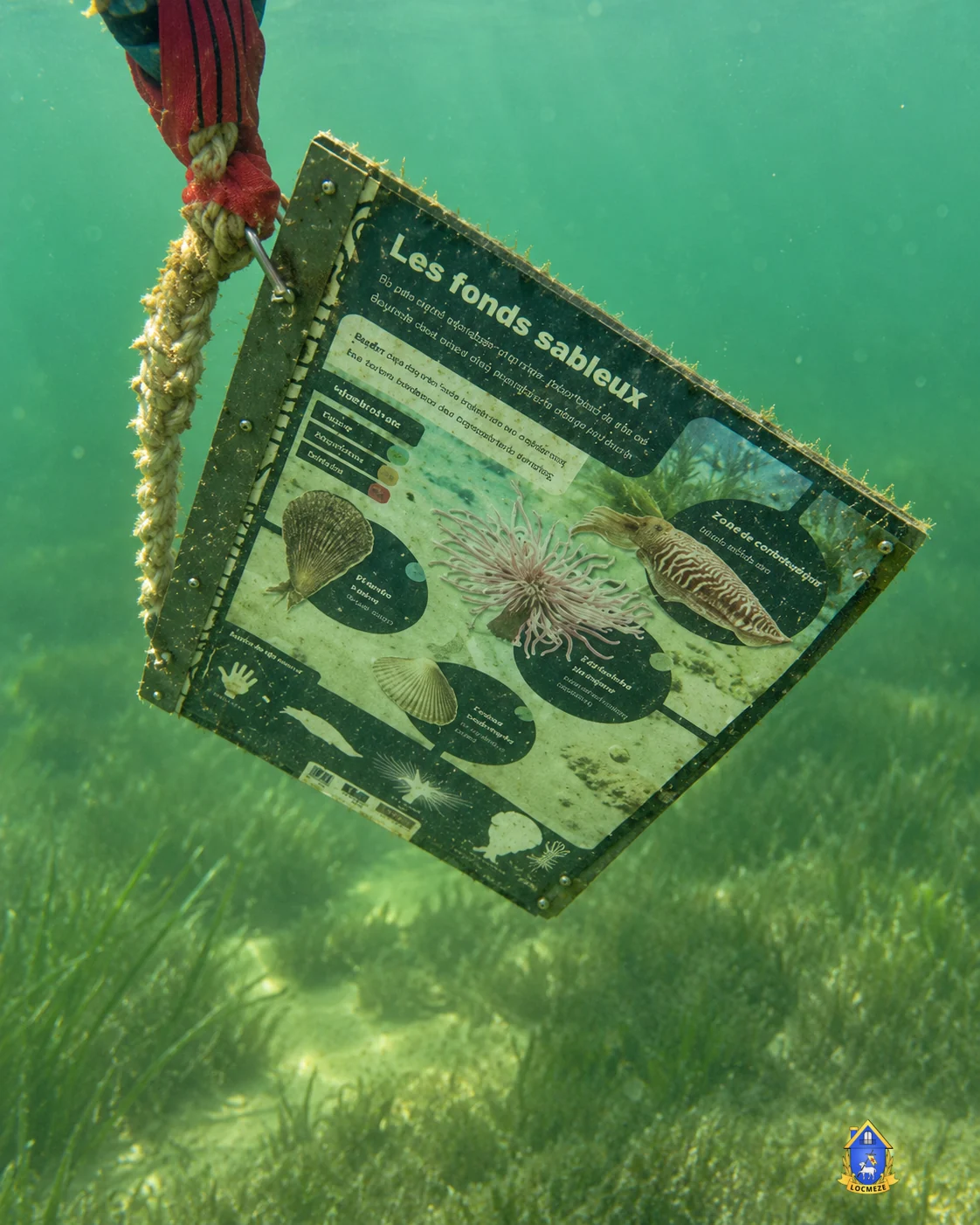 Sandy bottoms educational panel on the Mèze underwater trail