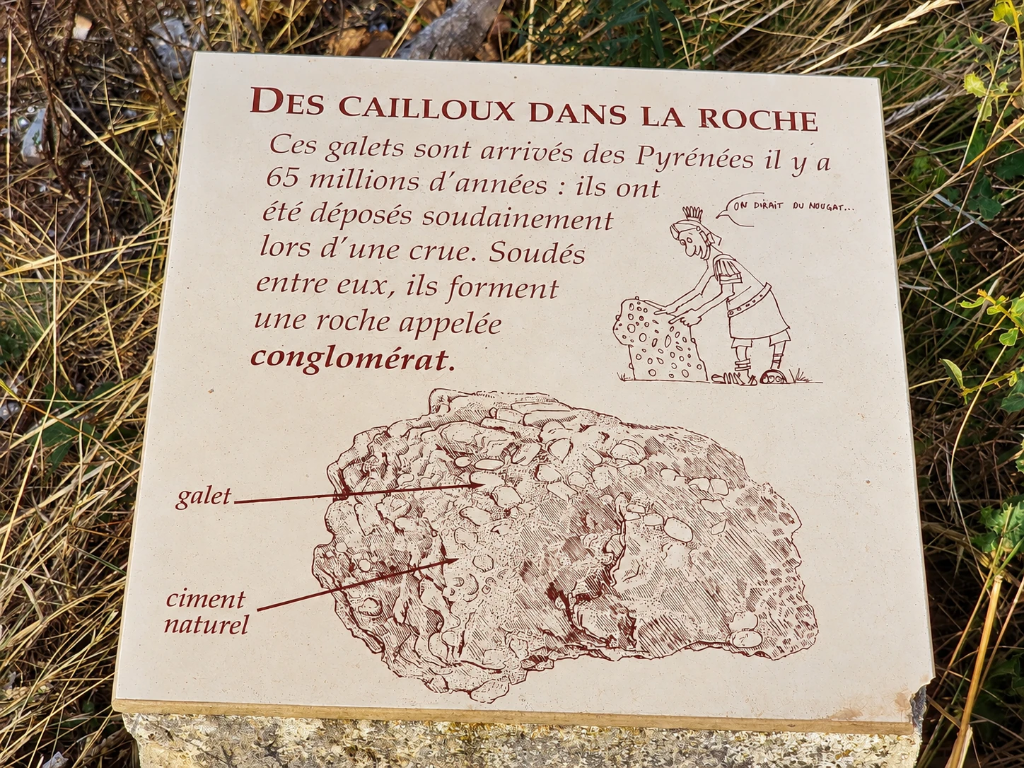 Panneau Des cailloux dans la roche expliquant le conglomérat sur la Via Domitia