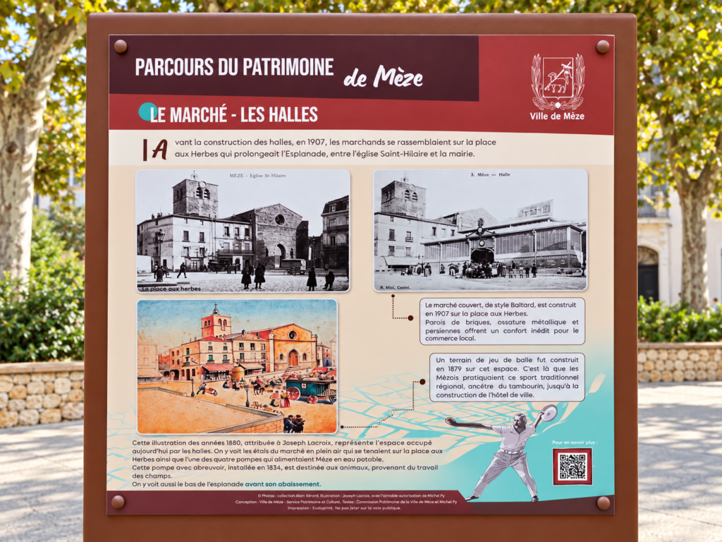 Panneau du parcours patrimoine consacré au marché et aux Halles de Mèze