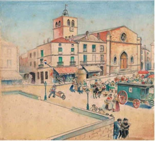 Illustration ancienne de la place aux Herbes à Mèze avant la construction des Halles