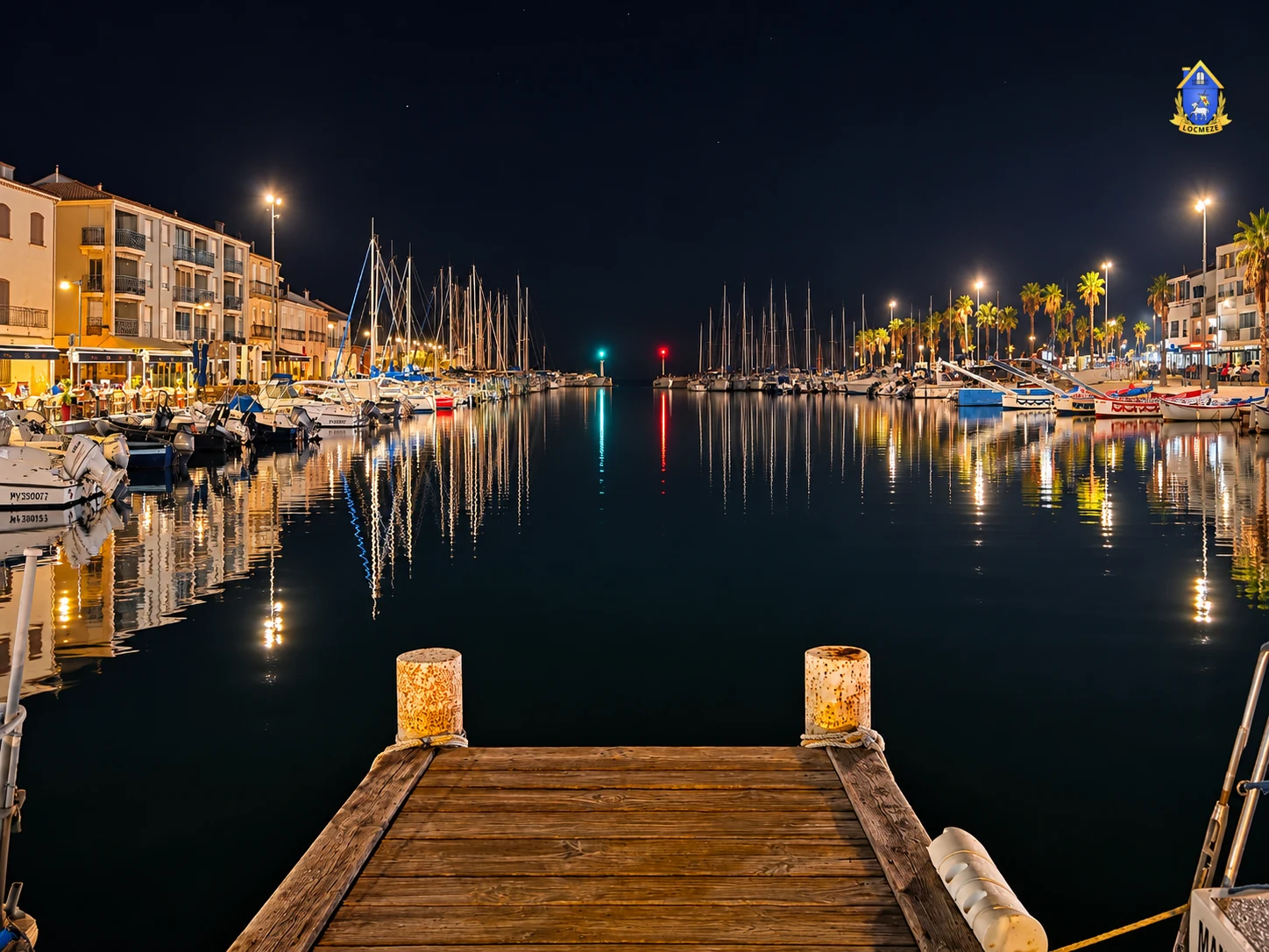 Port de Mèze de nuit avec les feux vert et rouge à l’entrée