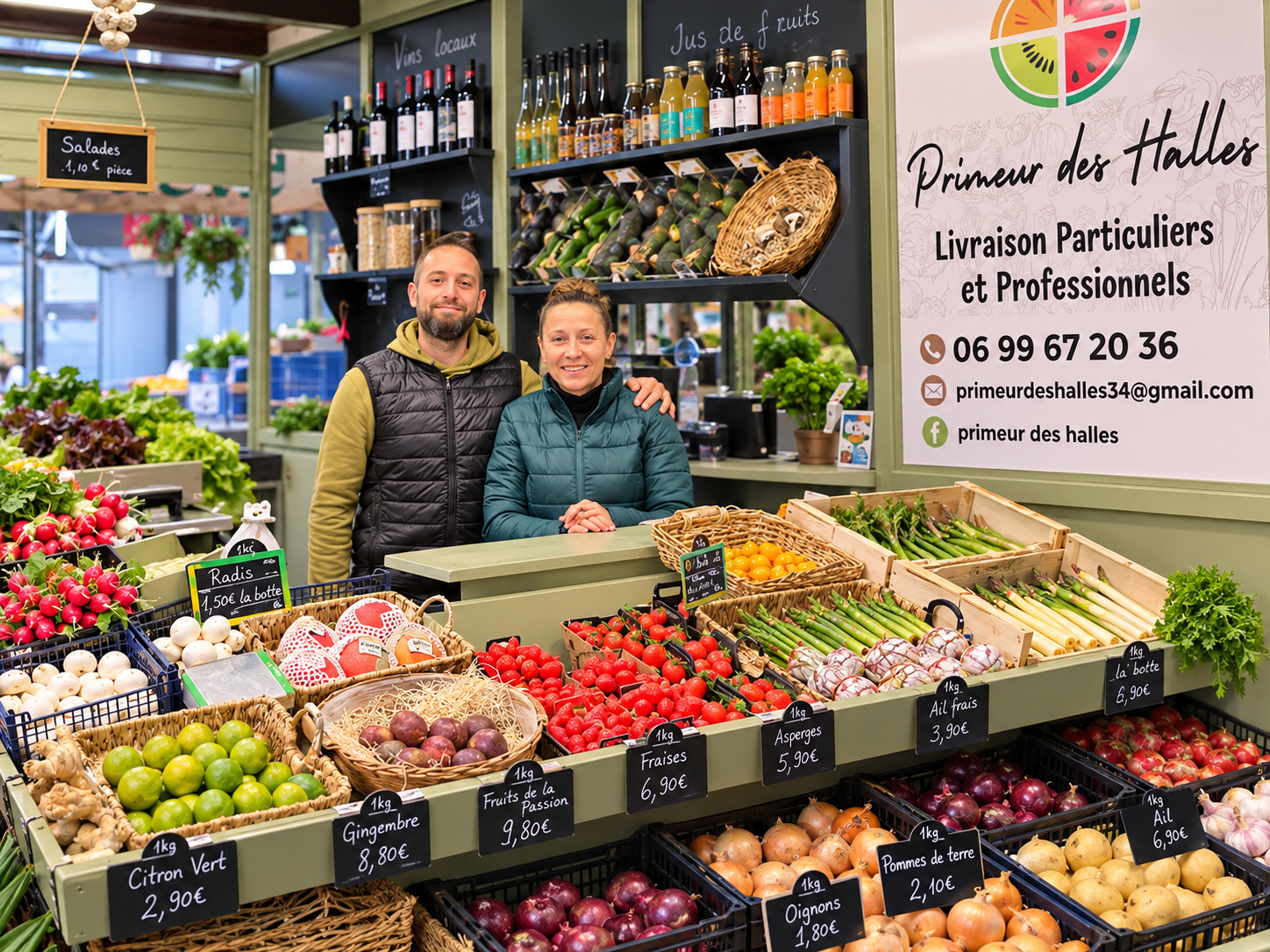 Primeur des Halles de Mèze avec étal de fruits et légumes