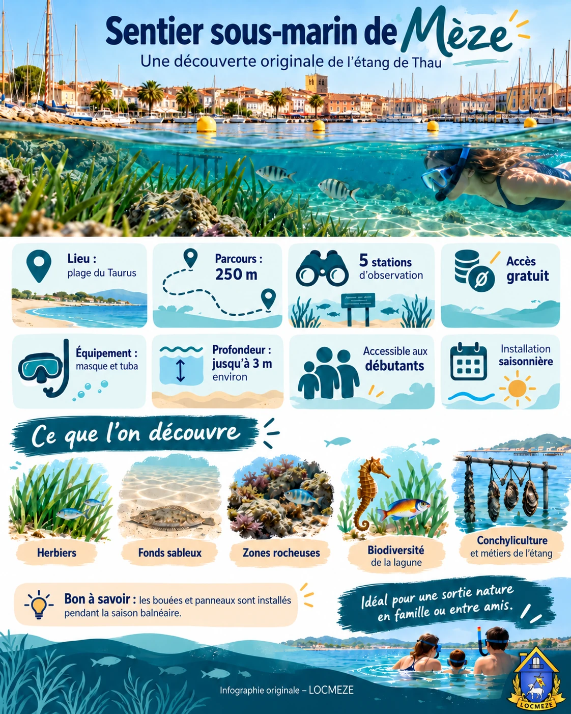 Infographie du sentier sous-marin de Mèze à la plage du Taurus